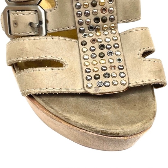 Cynthia Vincent Jett Wedge Leather Sandals 7.5 Buckle Heel Stones Cut Out - Picture 11 of 15